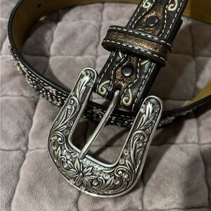 Ariat Western Tooled Floral Buckle Leather Belt With Cross Detai- Brown & Silver